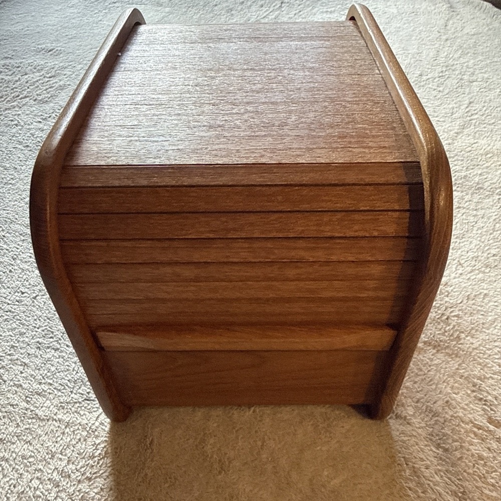 Vintage Mid-Century Teak Tambour Roll Top Storage Box Desk Organizer